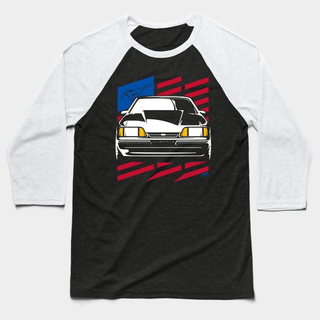 Foxbody Ford Mustang Notch US Flag Baseball T-Shirt by LYM Clothing